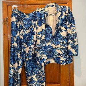 Mango Blue and White Floral Blazer and Pants Set